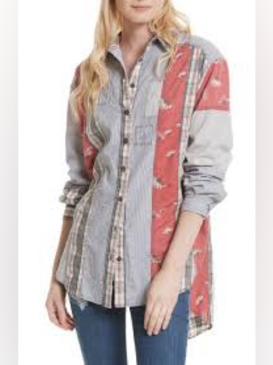 Free People Tops - Free People “All Patched Up” Full button Down Distress OS Size Medium